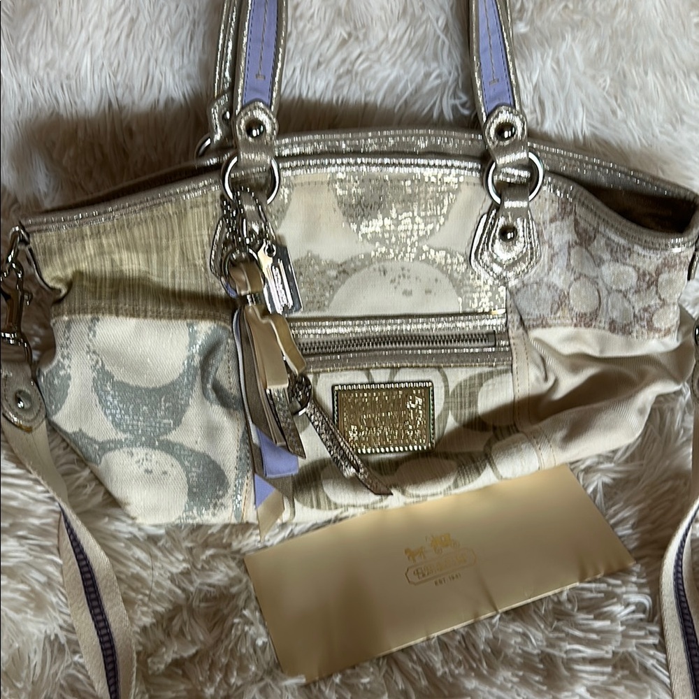 Coach poppy denim patchwork rocker Beige and Silver Women's Bag